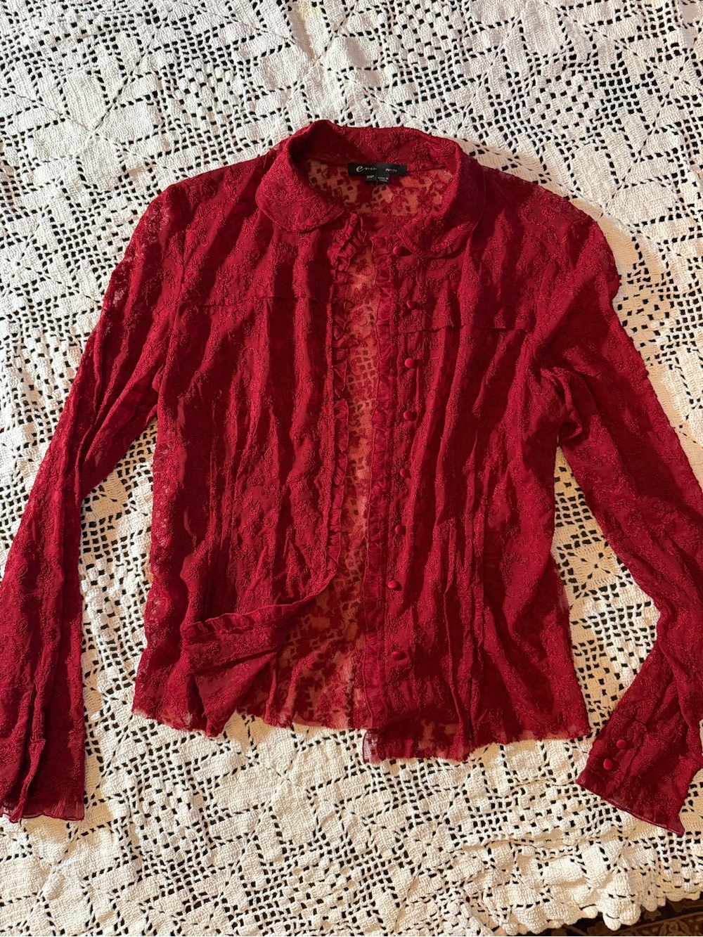 90s ECI sheer Lace Button-Front Women's Top with subtle ruffles